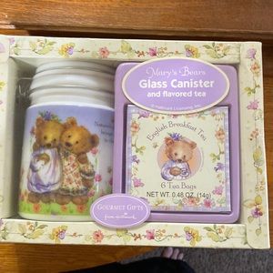 Marys bears glass container and flavored tea still sealed